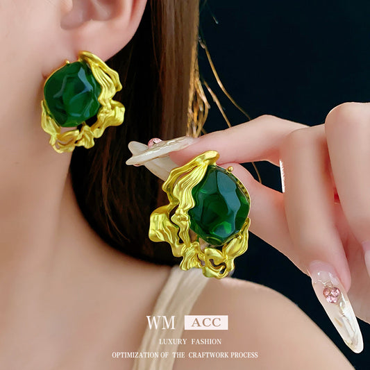 Orecchini da donna verde smeraldo con forme geometriche, placcati in oro e perni in acciaio inossidabile, stile chic vintage