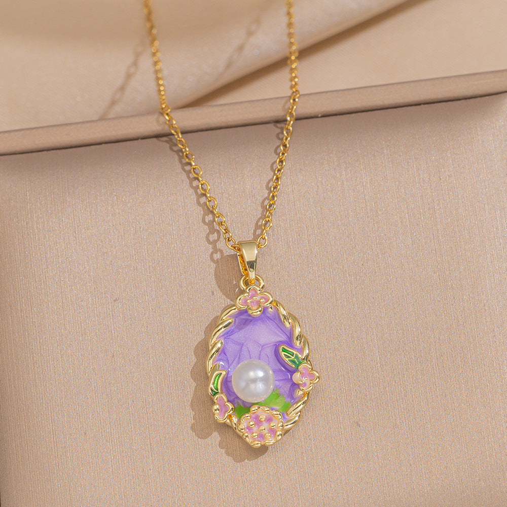 Baroque Style Leaf-Shaped Titanium Steel Necklace with Tulip Floral Motif, Vacuum-Plated for Hypoallergenic Wear, O-Chain Design