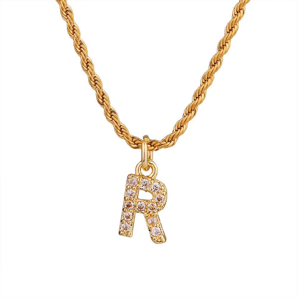 Collar con colgante de letra para mujer, minimalista, de moda, cadena trenzada de acero inoxidable con baño de oro e incrustaciones de circonita