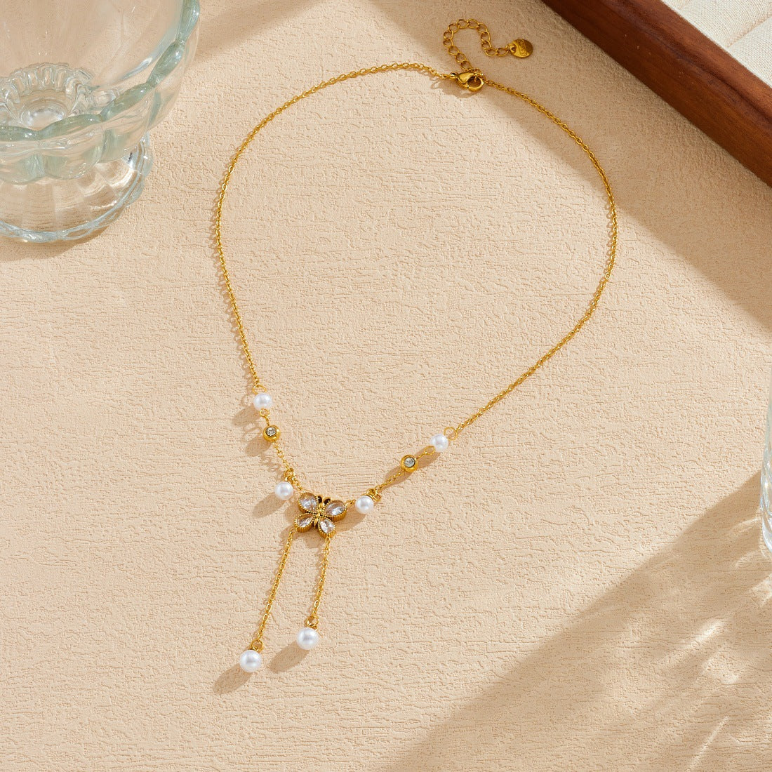 Elegant Butterfly Rhinestone and Imitation Pearl Tassel Pendant Necklace Stainless Steel for Women