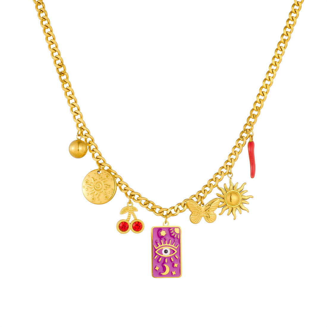 Sweet Streetwear Square Drip Oil Stainless Steel Necklace with Star Moon Butterfly Sun Eye Patterns and Serpentine Chain