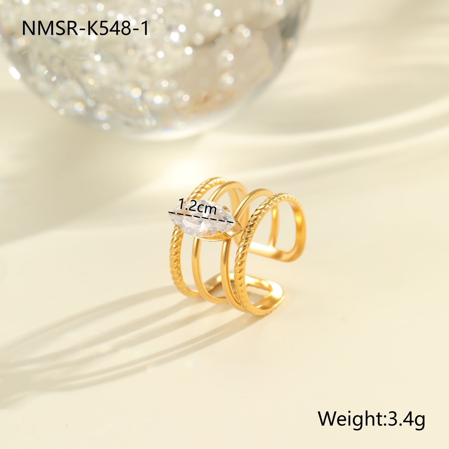 Luxury Geometric Stainless Steel Ring with Zircon Inlay and 18K Gold Plating Adjustable Women's Fashion Ring