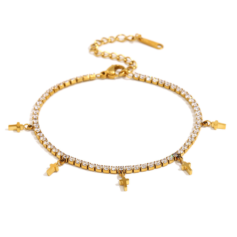 Set collana e bracciale pendente a croce a goccia minimalista in acciaio inossidabile con placcatura in oro 18 carati e accenti di zircone da donna