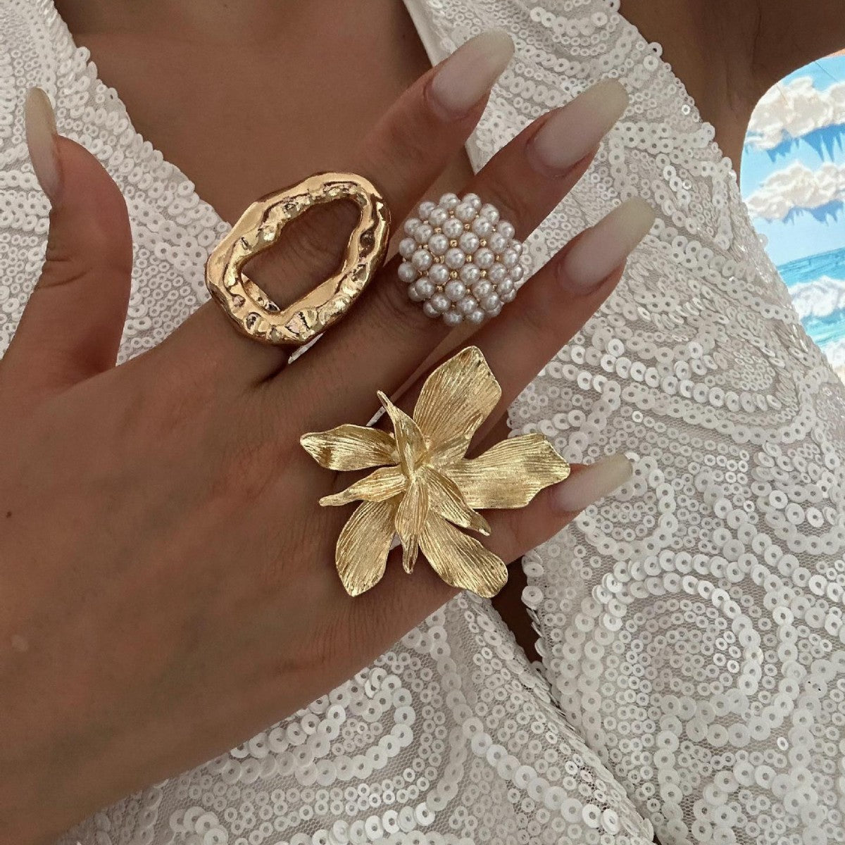 Set di anelli da donna floreali geometrici in lega placcata oro