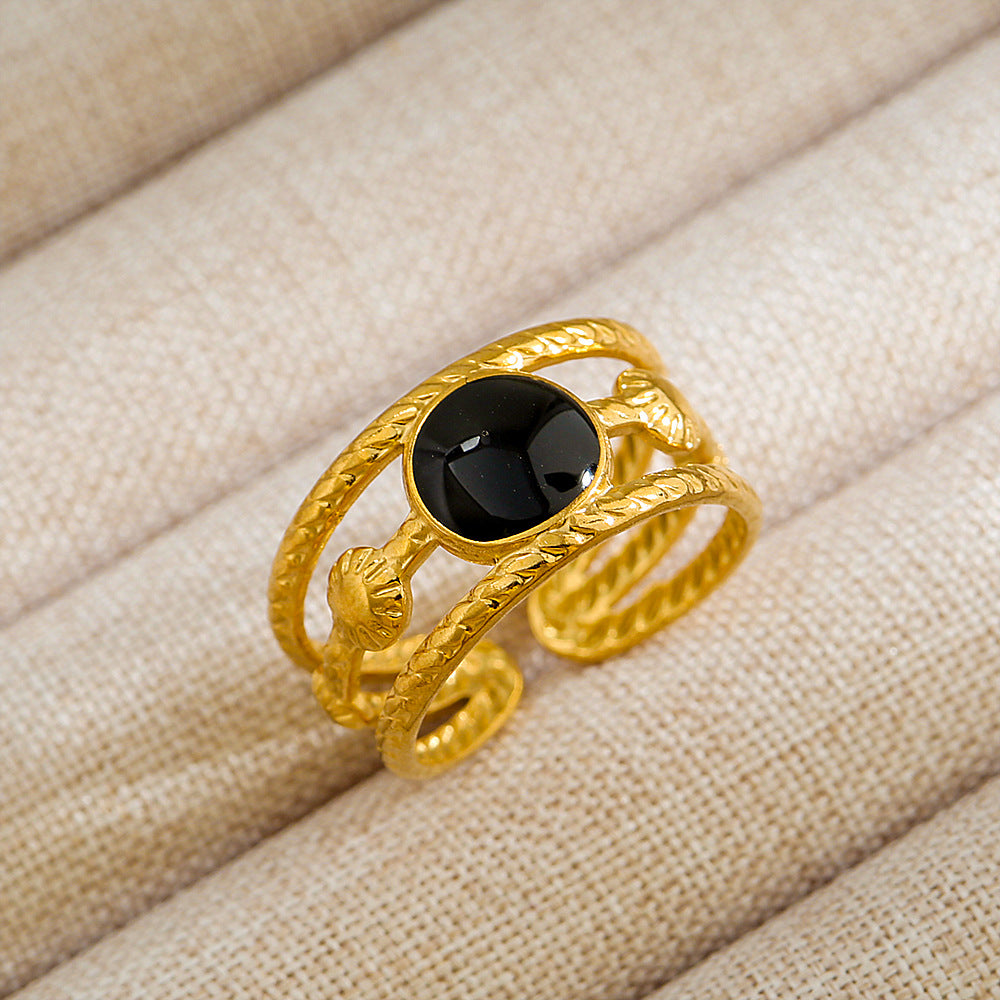 Anillo de acero de titanio con forma de U, estilo punk, chapado en oro de 18 quilates y detalles de microincrustaciones de piedra de lava ovalada