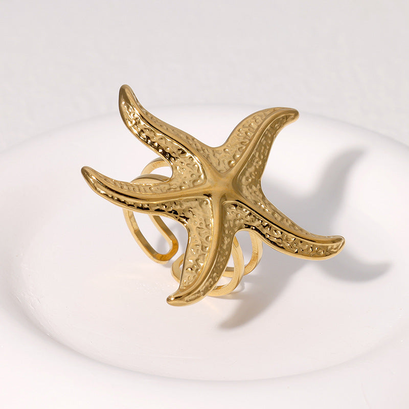 Starfish-Shaped Open Stainless Steel Ring for Women with Plated Finish, Beach Vacation Style Fashion Jewelry