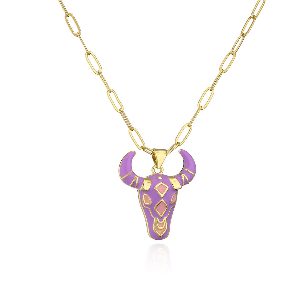 Minimalist Bull Pendant Necklace for Women in Copper with 18K Gold Plating and Enamel Finish