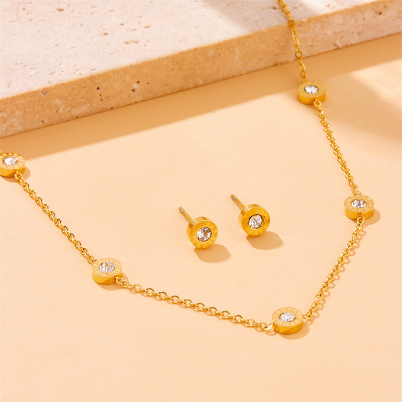 Conjunto de Collar, Pendientes y Pulsera con Colgante Redondo de Números Romanos de Diamantes de Imitación para Mujer, Cadena de Caja Chapada en Acero Inoxidable