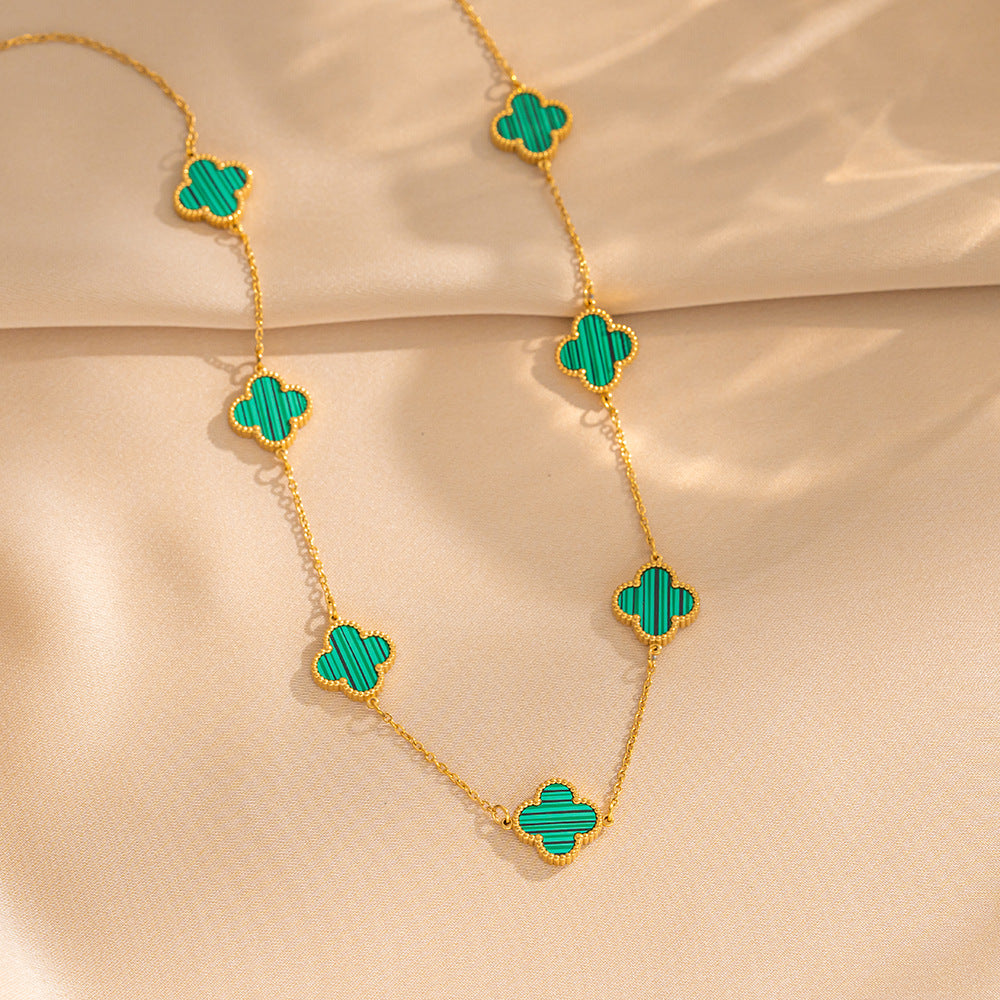 Luxury 18K Gold Plated Titanium Steel Four-Leaf Clover Double-Sided Shell Necklace for Women