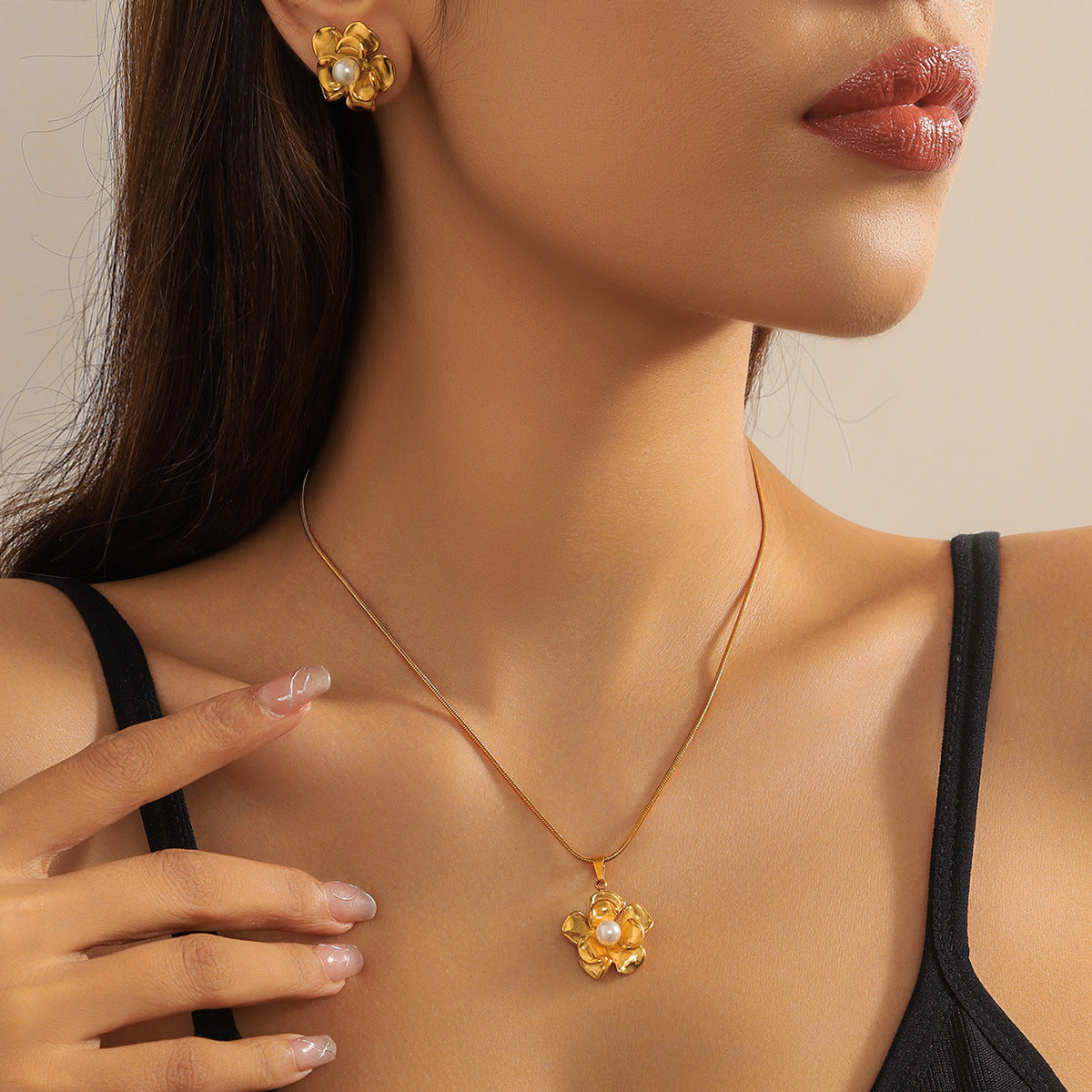 Vintage Floral Geometric Pearl Plated Stainless Steel Necklace Earring Set with Snake Chain
