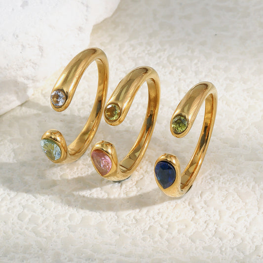 Anillo abierto minimalista de acero inoxidable chapado en oro de 18 quilates con diseño de cabeza de serpiente de circonita para mujer