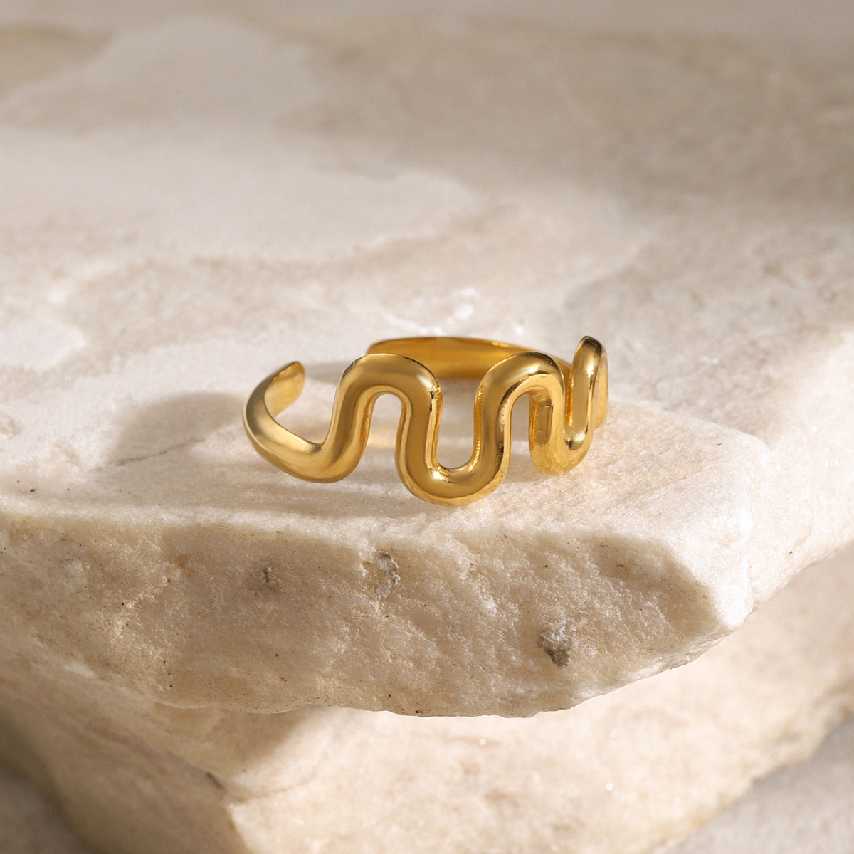 18K Gold Plated Wavy Abstract Stainless Steel Ring for Women