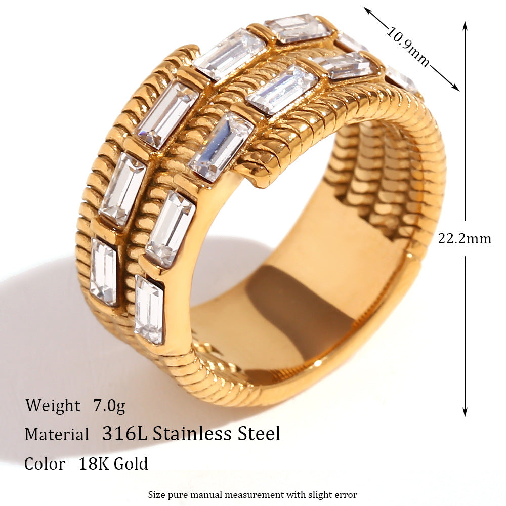 Vintage-Inspired Geometric Stainless Steel Ring with 18K Gold Plating and Micro-Pave Heart Flower Design for Women