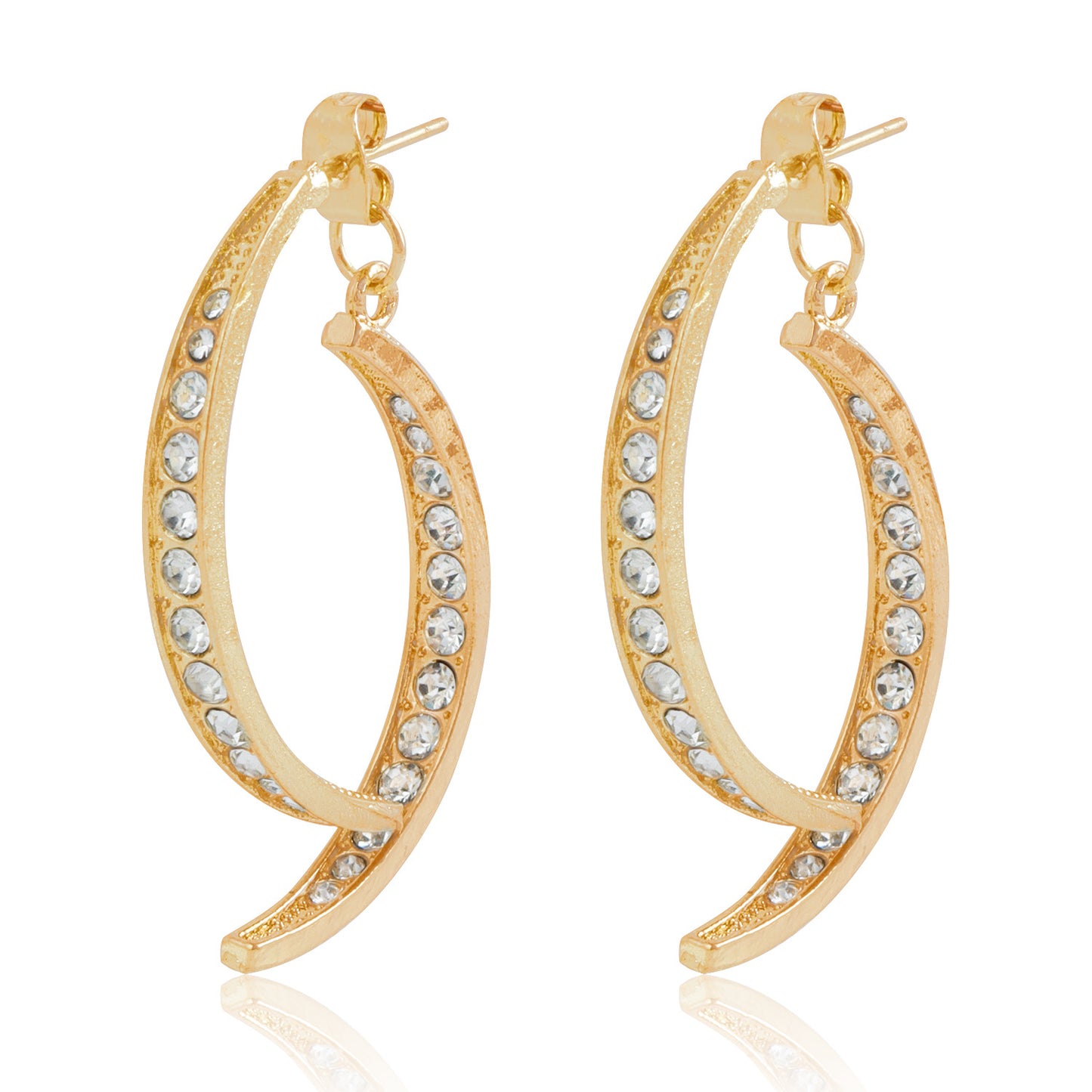 Geometric Cross-Over Earrings for Women with Metal Body Plated Finish and Rhinestone Inlay