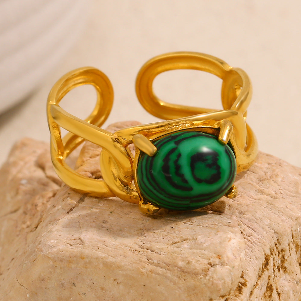 Minimalist Geometric Stainless Steel Plated 18K Gold Malachite Open Ring for Women