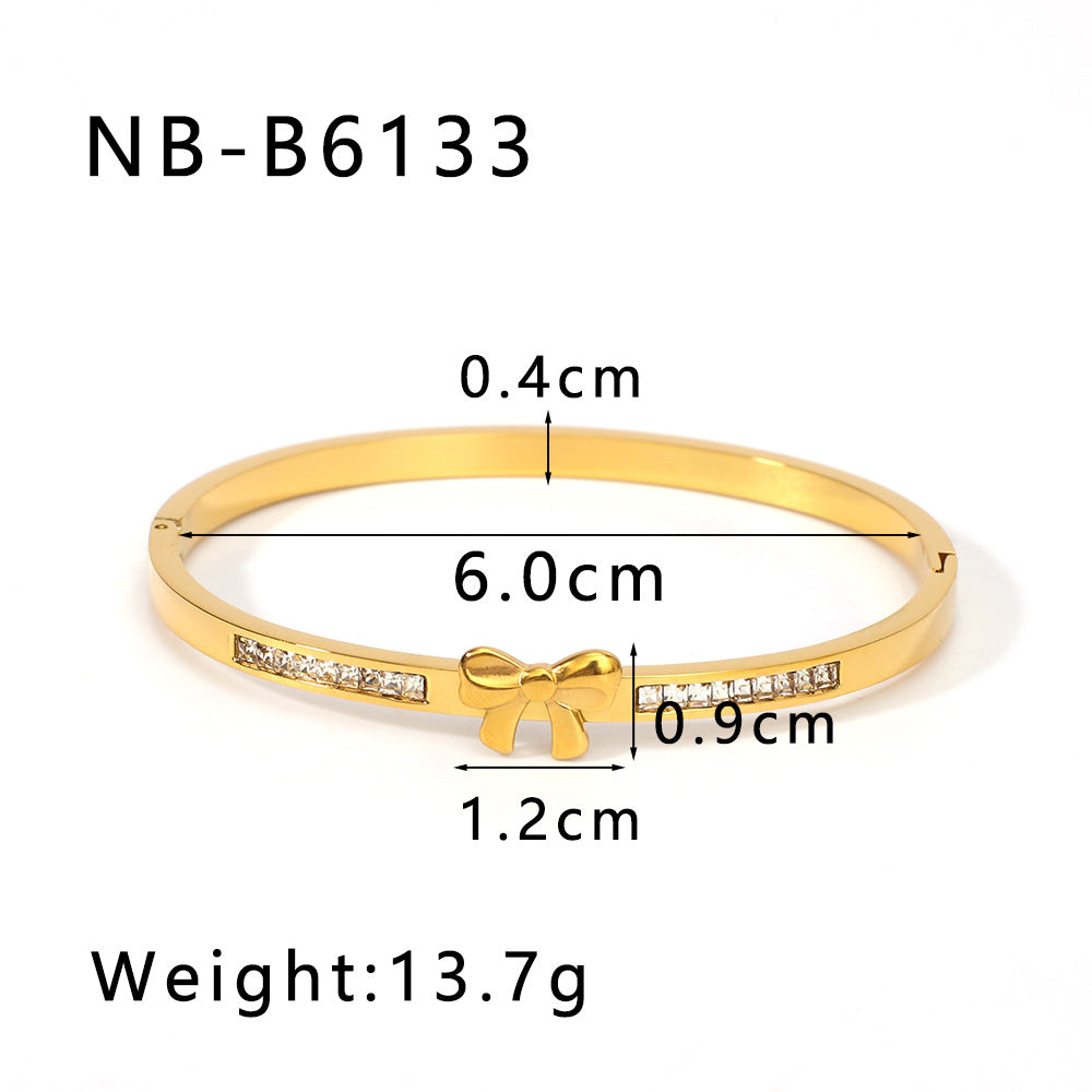 Asymmetrical Bow-Shaped Stainless Steel Bracelet for Women with Zircon Inlay and 18K Gold Plating