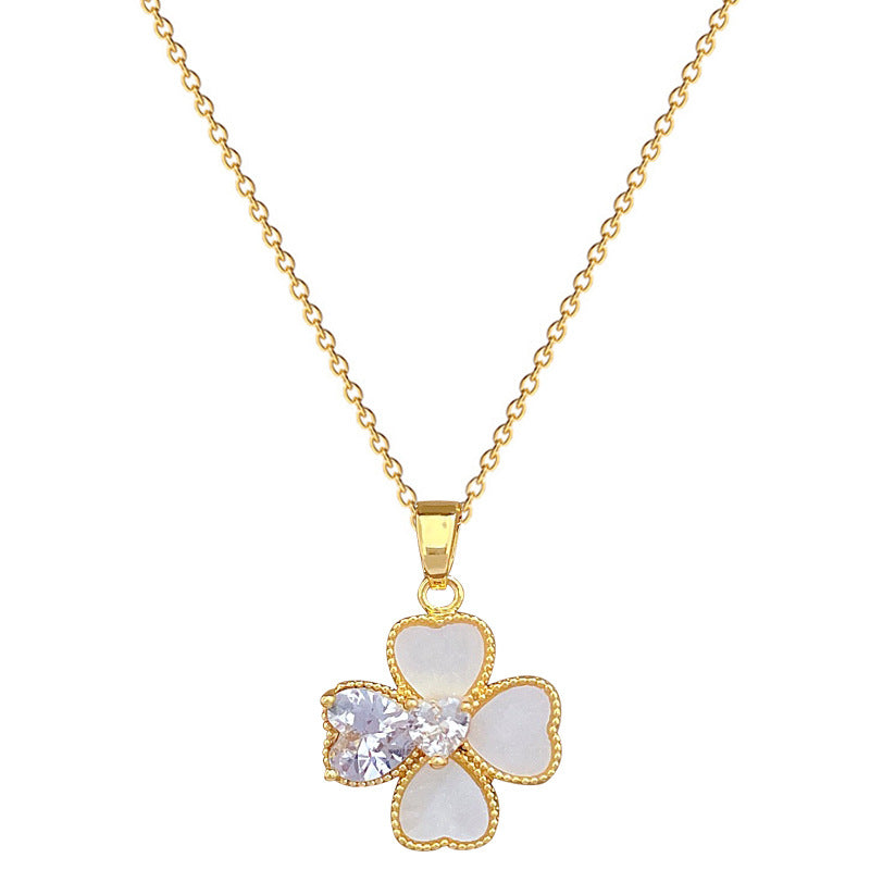 Luxury Titanium Steel Geometric Shell and Four-Leaf Clover Necklace and Earrings Set for Women