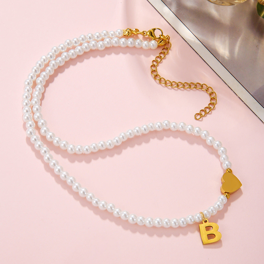 Minimalist Letter Heart Stainless Steel Pearl Necklace Women Cable Chain