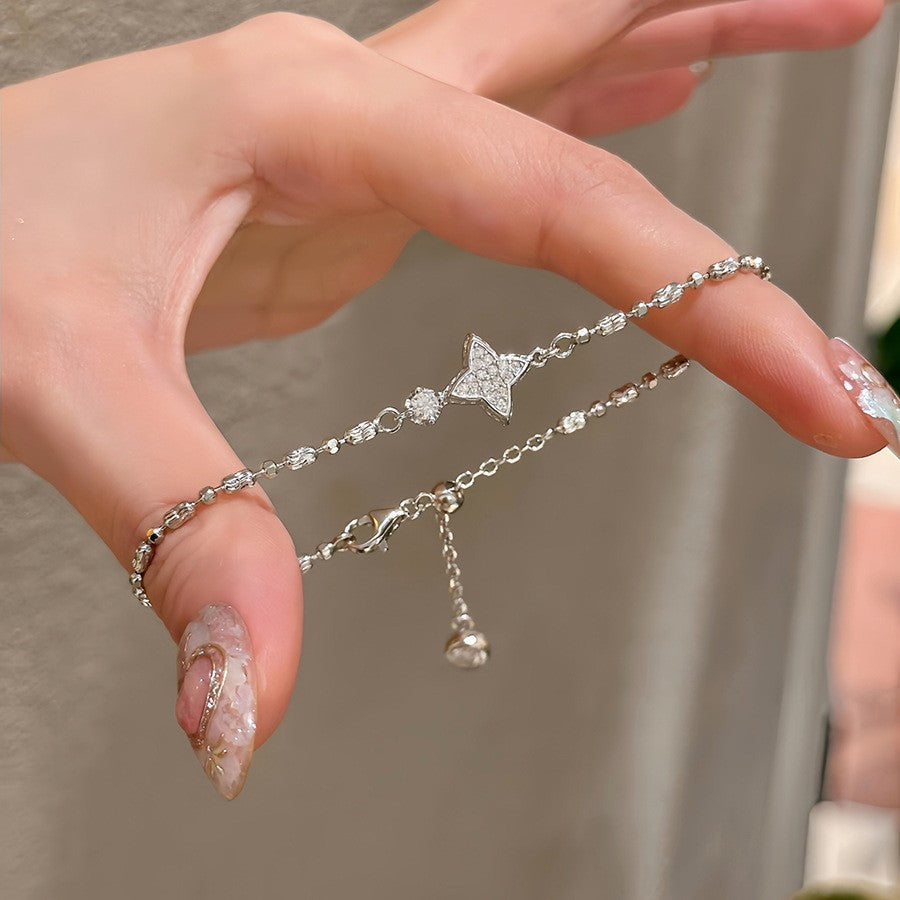 Elegant Geometric Floral Bracelet for Women in Plated Copper with Rhinestone Accents, Minimalist Office Style Hand Jewelry