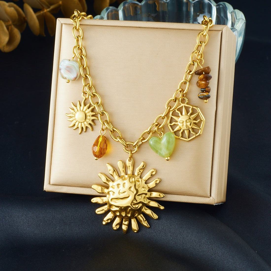 Fashion Elegant Floral Heart Geometric Stainless Steel Plated Pendant Necklace and Bracelet Set with Beaded Sunflower Design for Women