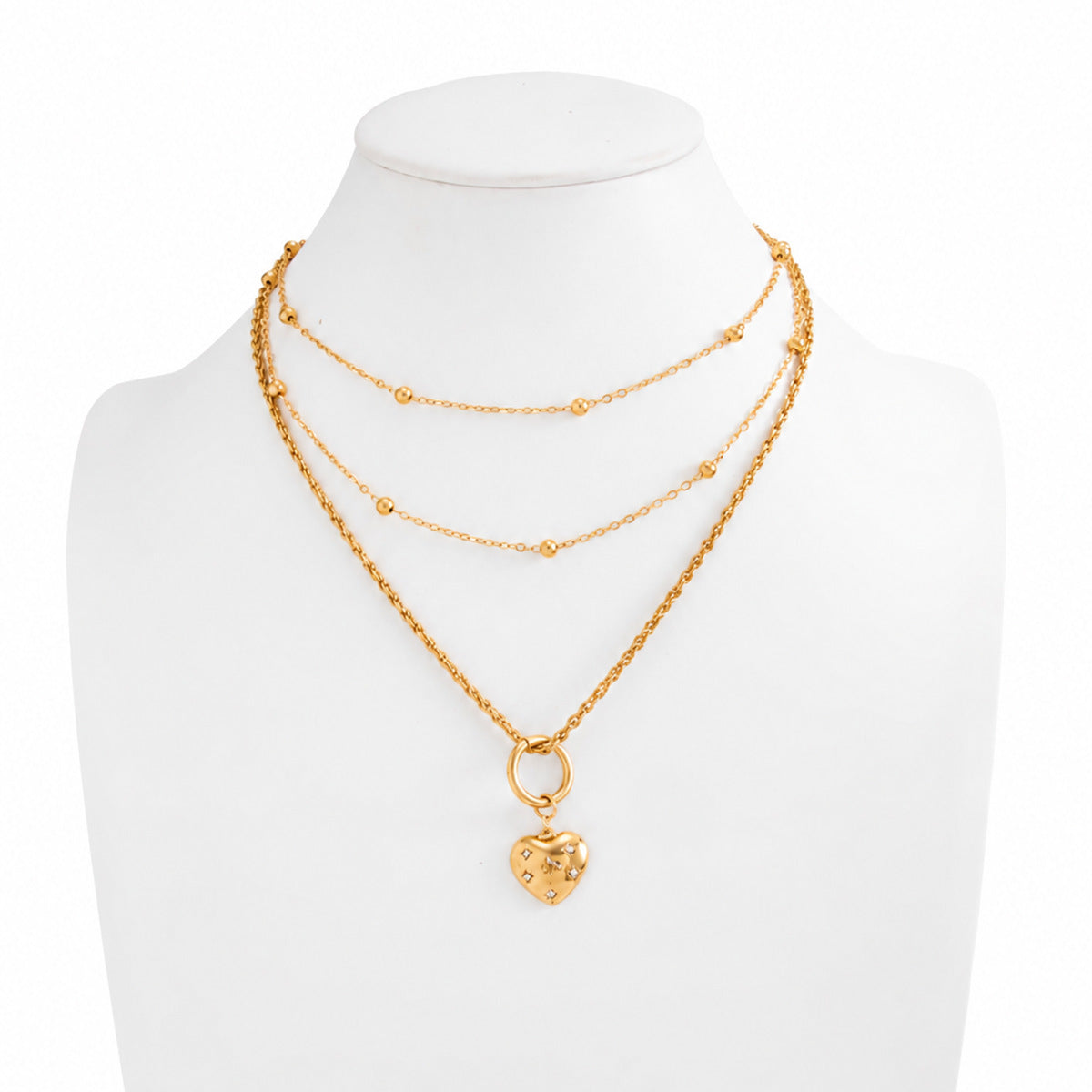 Sweet Rhinestone Inlaid Heart Zinc Alloy Pendant Necklace with Multi-layer Ball Chain for Women