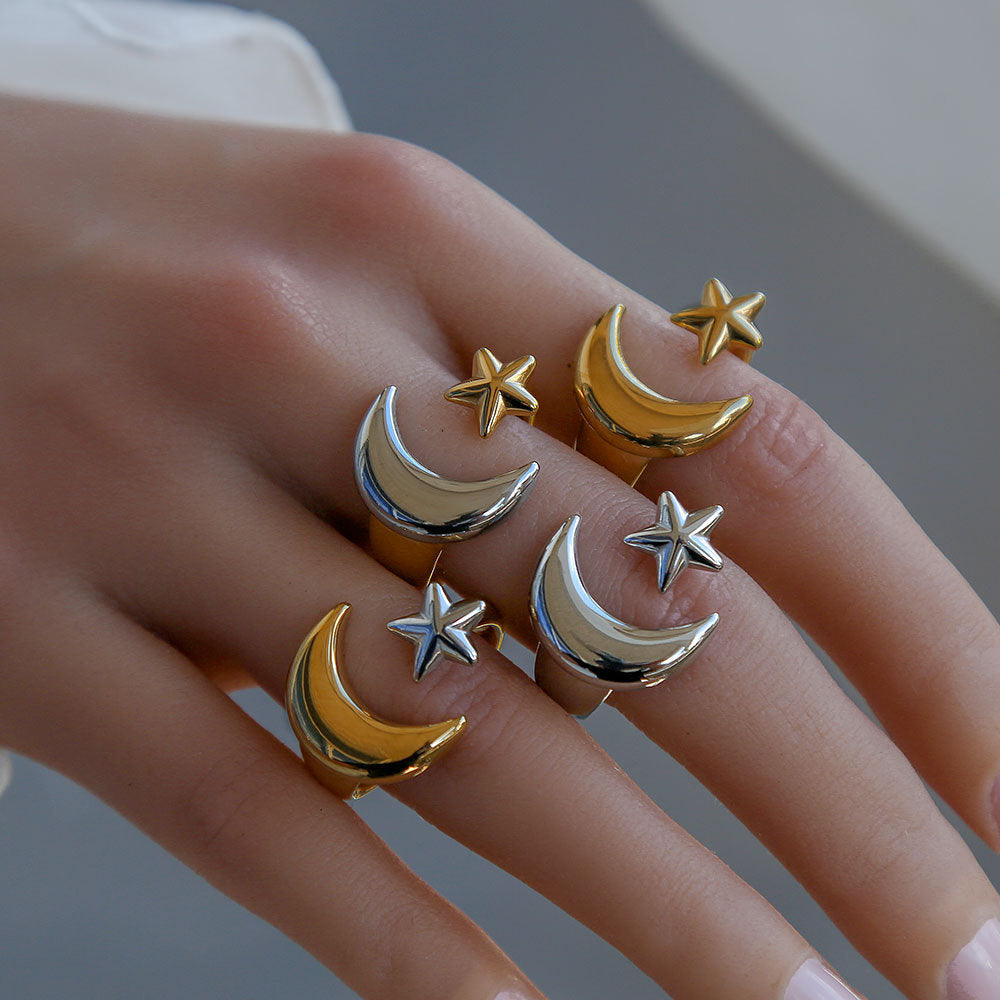 Anillo Abierto Ajustable Minimalista de Acero Inoxidable con Forma de Estrella y Luna con Baño de Oro para Mujeres y Hombres