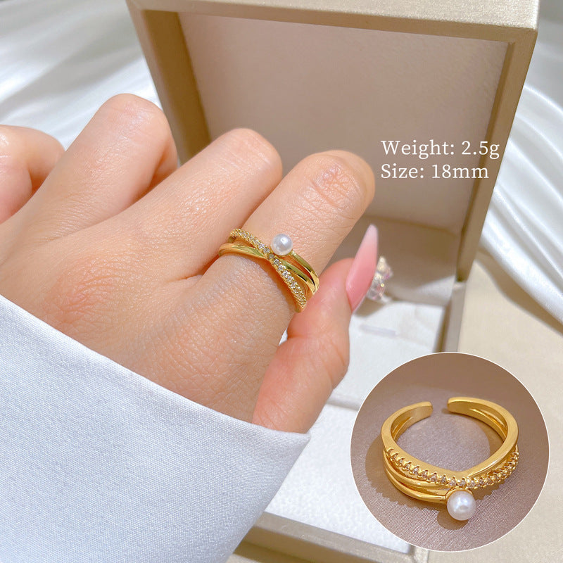 Minimalist Geometric Gold-Plated Brass Open Ring for Women with Crown Shape and Rhinestone Inlay