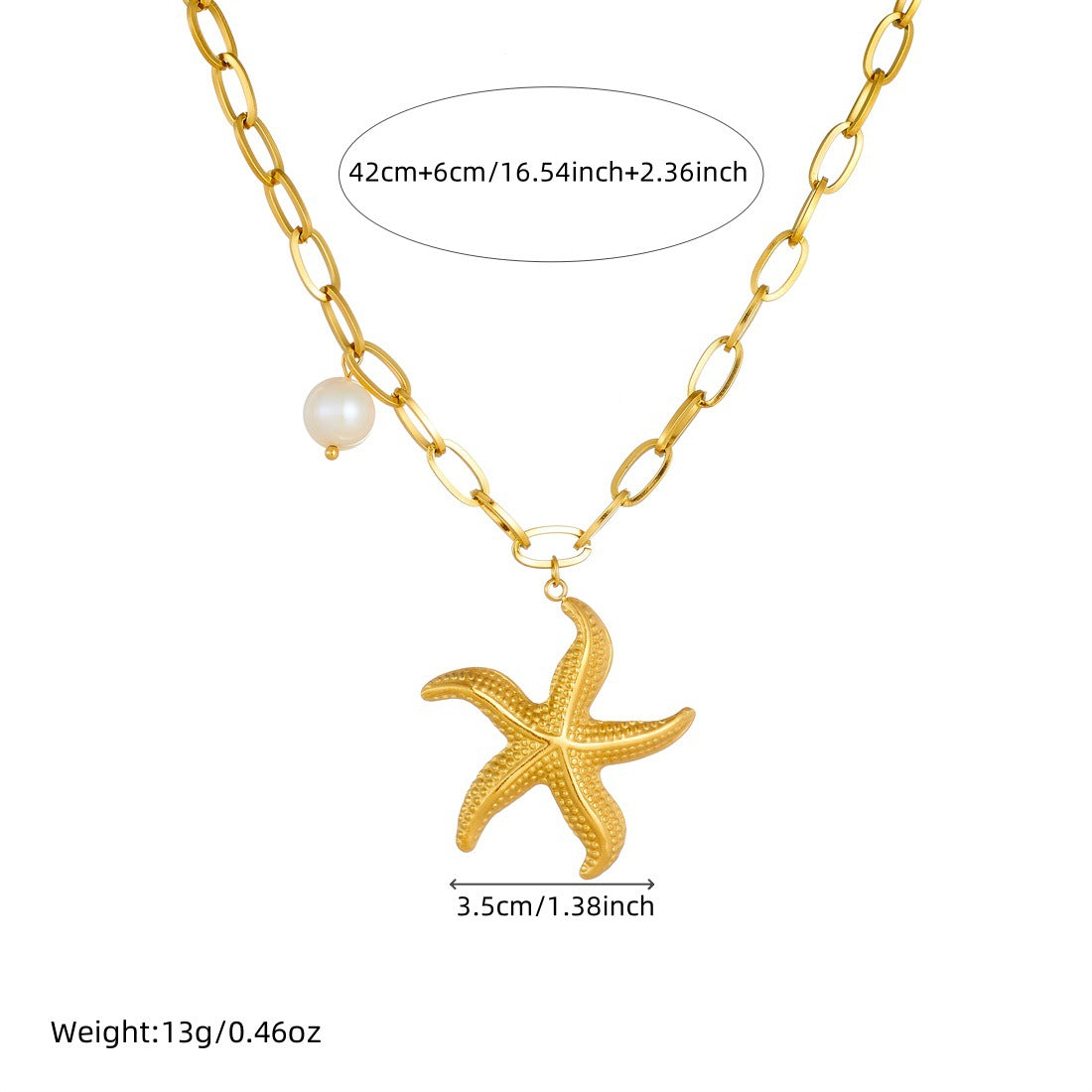 Minimalist Luxury Gold Plated Star Stainless Steel Necklace with Pearl Pendant Curb Chain for Women