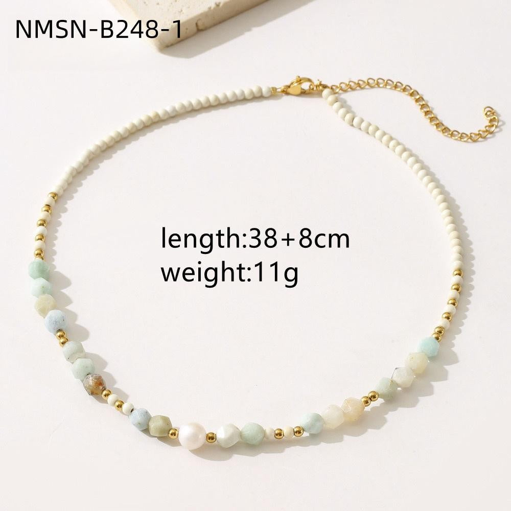 Minimalist Geometric Titanium Steel Beaded Necklace for Women with Red Jasper Sunstone Amazonite Natural Pearls