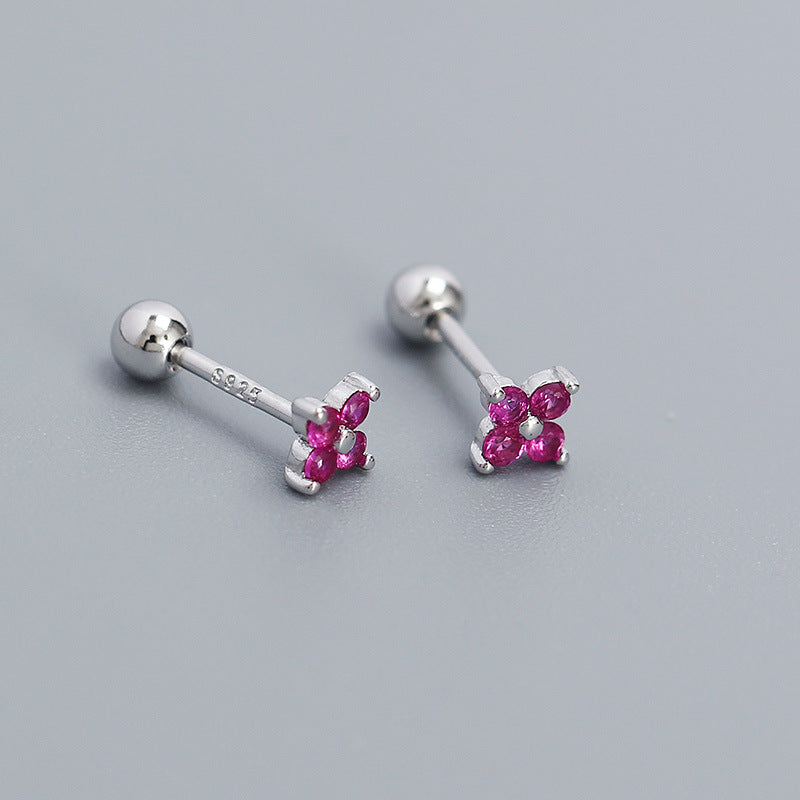 Orecchino a perno filettato da donna minimalista in argento sterling 925 con intarsi floreali e zirconi cubici
