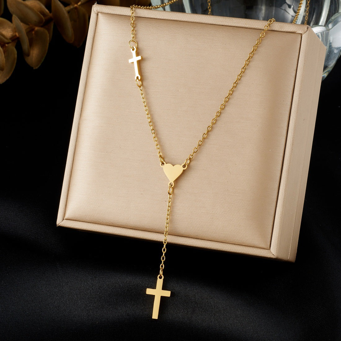 Gold Plated Stainless Steel Cross Heart Pendant Necklace with Tassel for Women