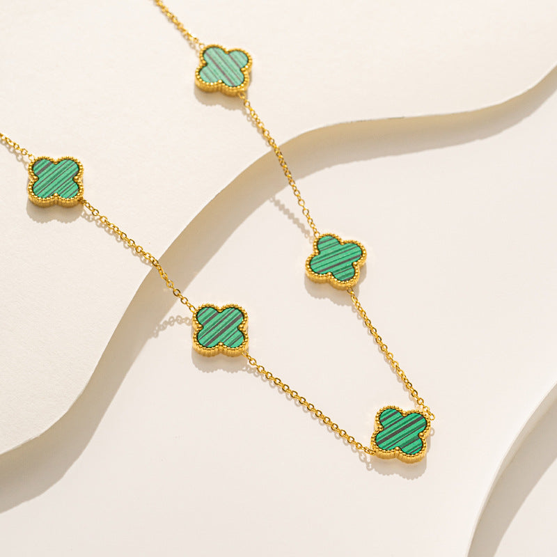 Luxury 18K Gold Plated Titanium Steel Four-Leaf Clover Double-Sided Shell Necklace for Women