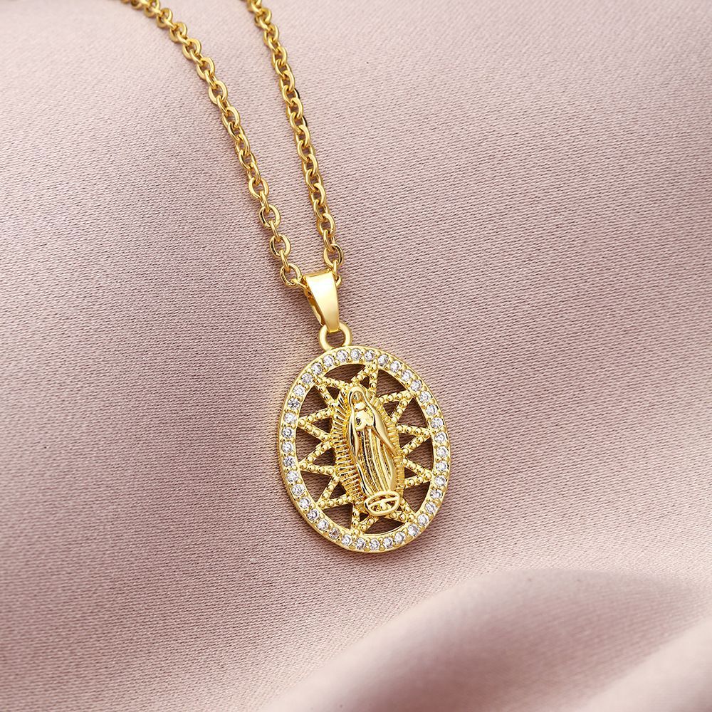 Collar con colgante de la Virgen María geométrico de moda para mujer con incrustaciones de circonita cúbica y cadena de cobre chapado en oro