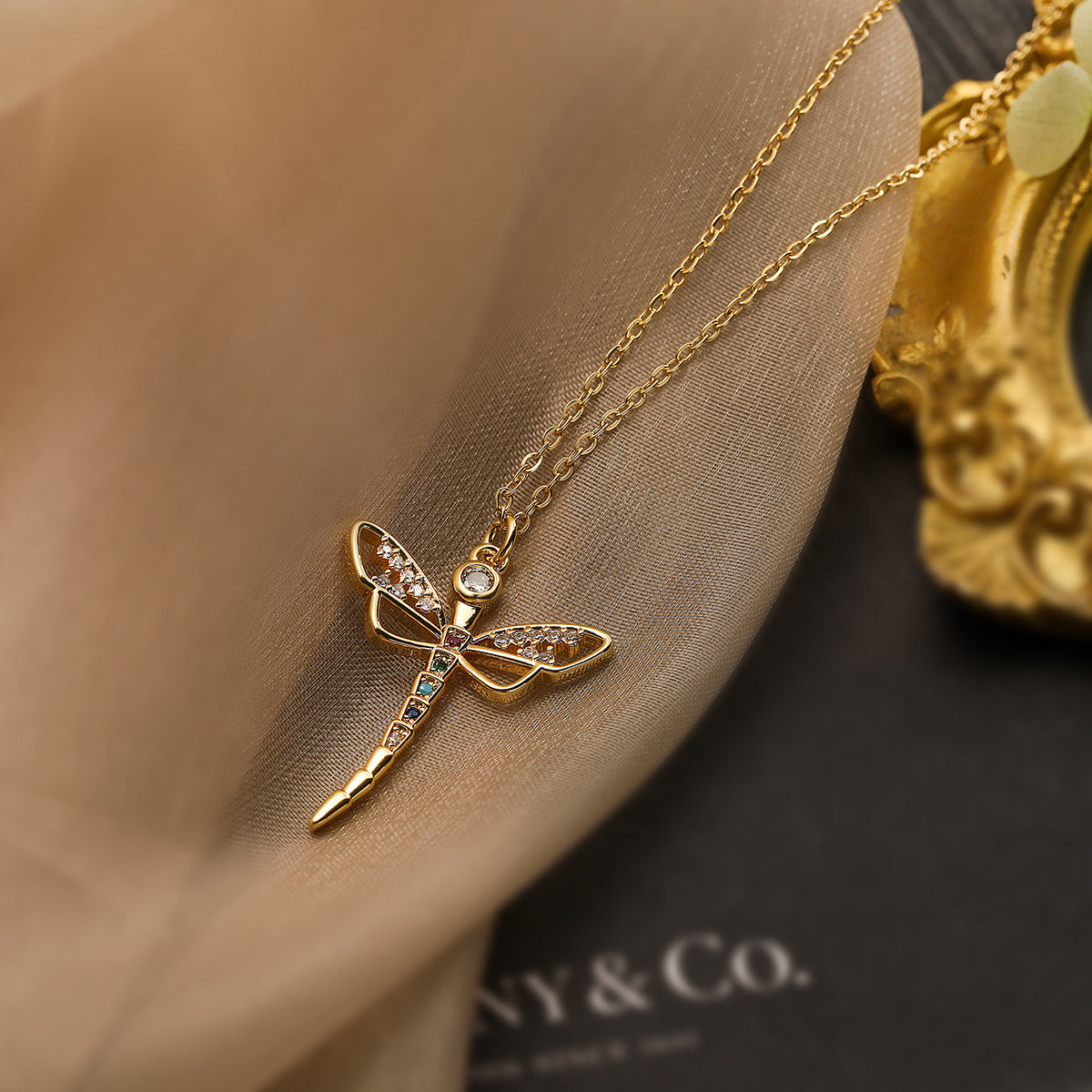 Minimalist Dragonfly Pendant Necklace for Women with Copper Base Plated in 18K Gold and Zircon Inlay
