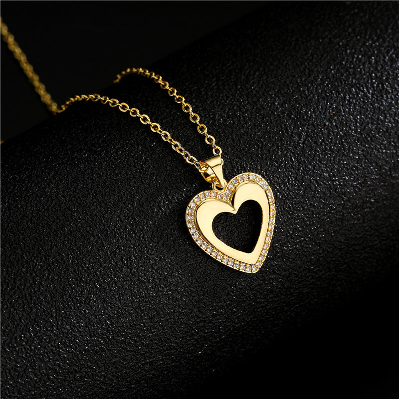 18K Gold Plated Heart Geometric Brass Necklace with Cubic Zirconia Inlay for Women