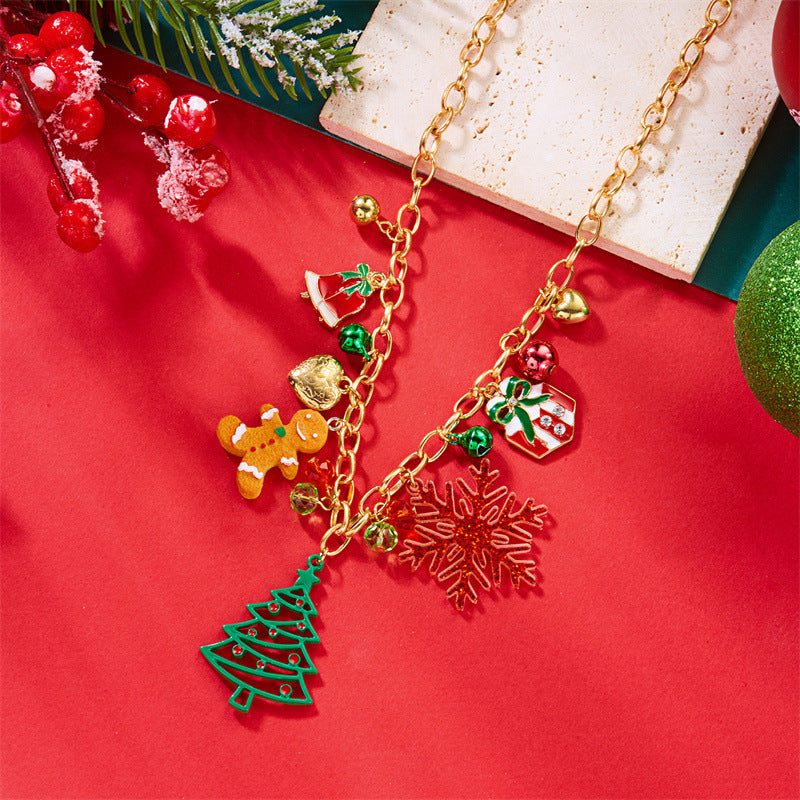 Collar con colgante de árbol de Navidad y hombre de jengibre para mujer, chapado en aleación con motivos festivos de copos de nieve y campanas