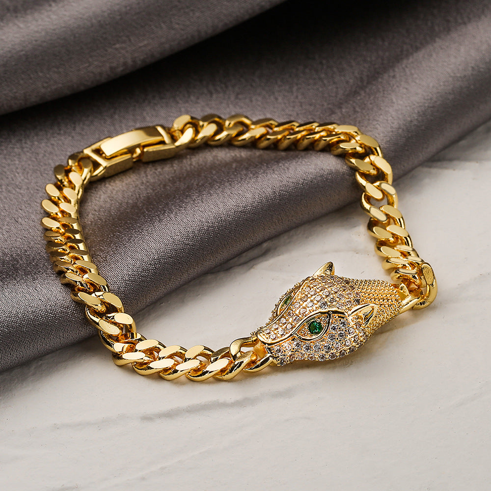 Fashionable Leopard-Shaped Geometric Copper Bracelet with Real Gold Plating and Zircon Accents for Women