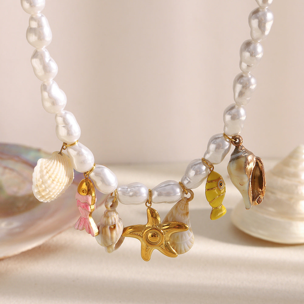 Collana con Pendente Minimalista a Stella Marina Barocca in Acciaio Inossidabile Placcato Oro 18K da Donna