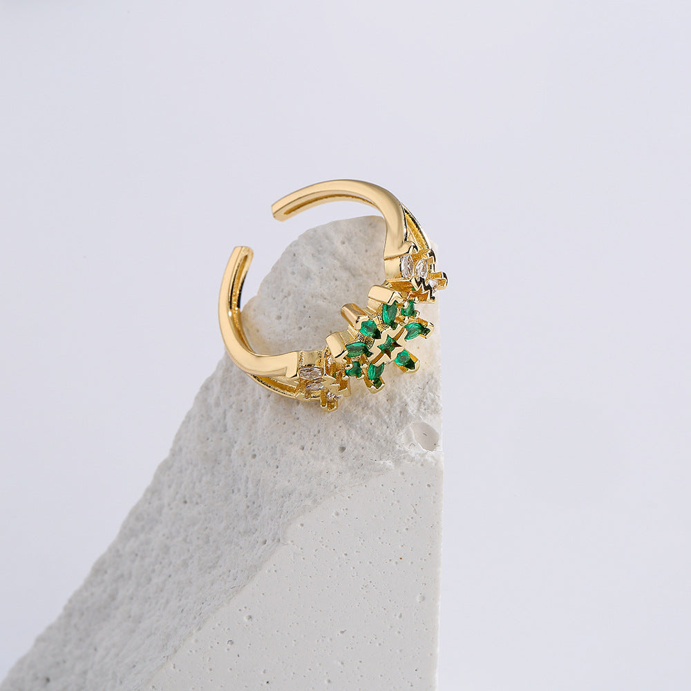 Anello minimalista geometrico in rame placcato oro 18K con zirconi verdi micro-incastonati da donna