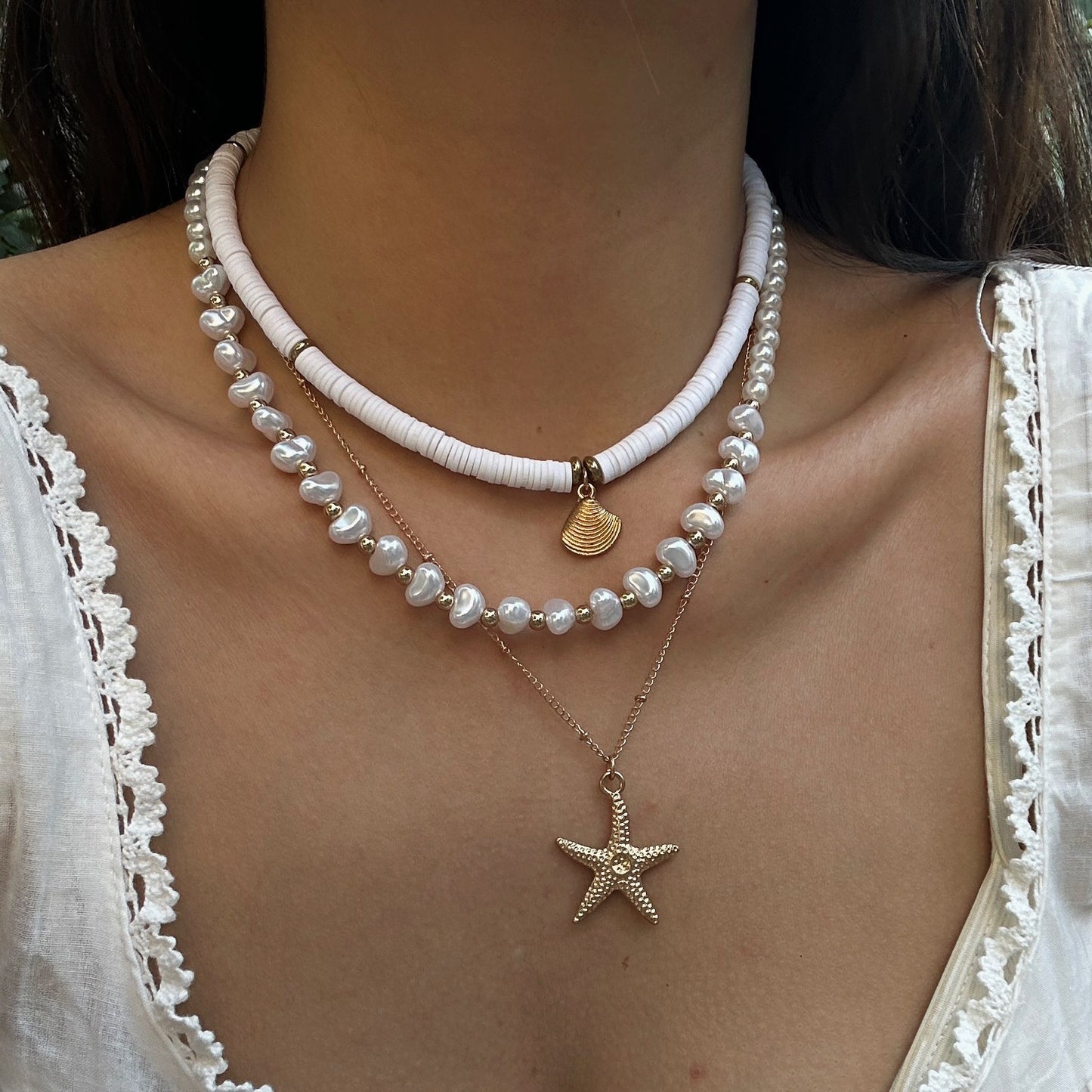 Bohemian Baroque Imitation Pearl Starfish Shell Bead Necklace for Women