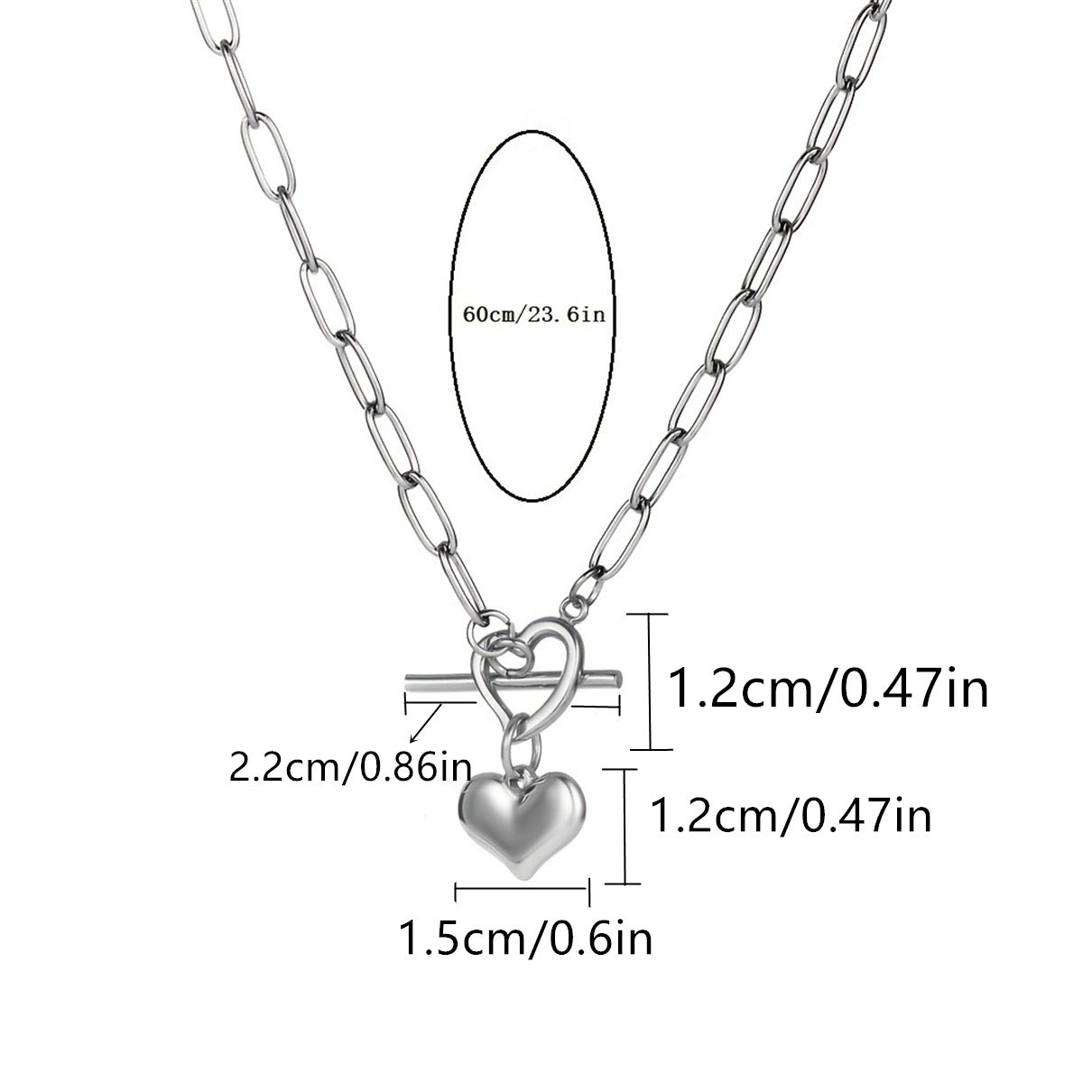 Minimalist Three-Dimensional Heart Pendant Necklace in Titanium Steel with Plated Finish, Long Layered Sweater Chain with Bamboo Link Style