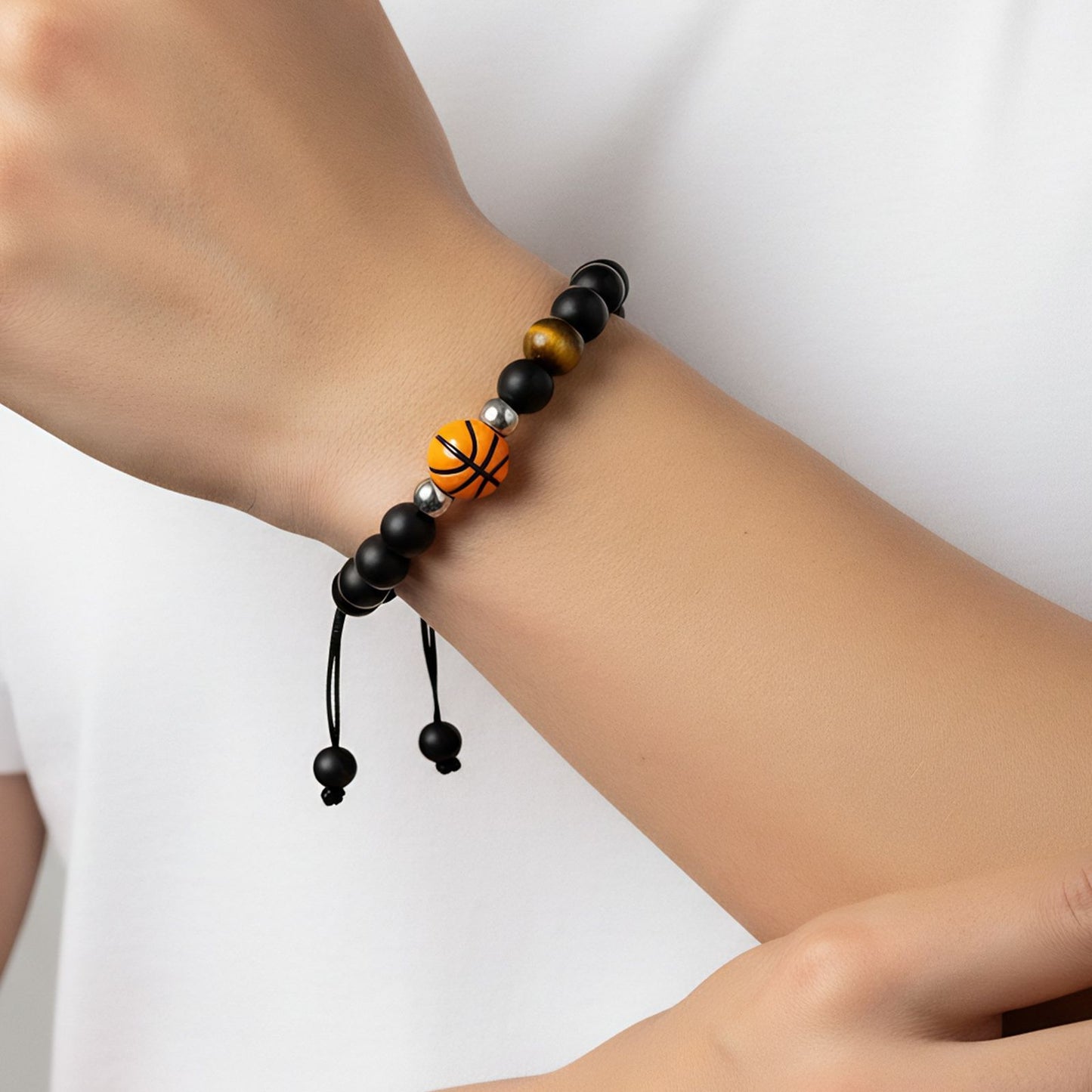 Matte Black Tiger Eye Stone Geometric Beaded Bracelet Unisex Handmade Woven