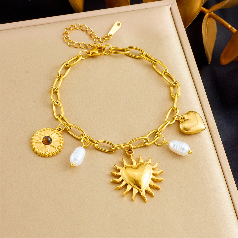 Vintage Floral Pearl Heart and Sunflower Pendant Bracelet in Gold-Plated Stainless Steel for Women