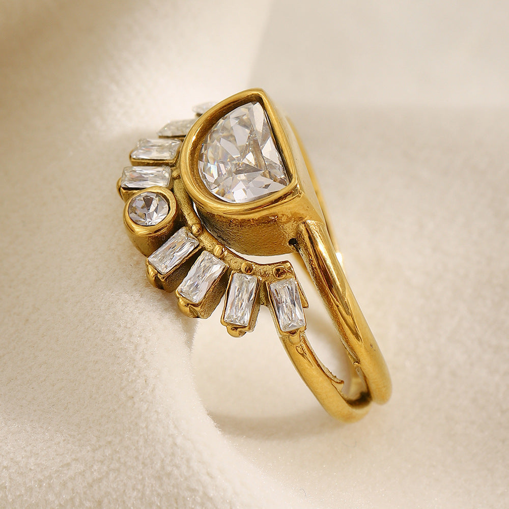 Minimalist Geometric Stainless Steel Plated 18K Gold Vintage Sun Double Layer Ring for Women