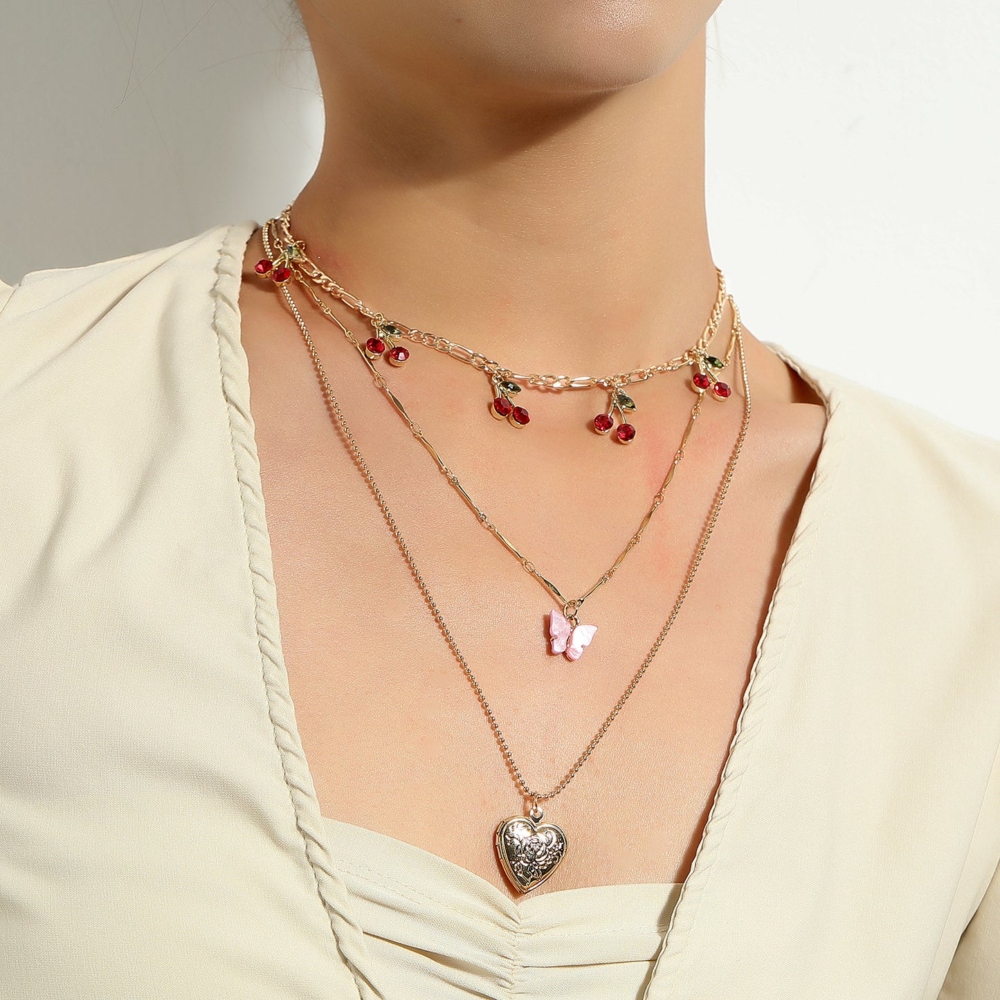 Collana con ciondolo a cuore ciliegia rossa con coperchio apribile, ciondolo a farfalla rosa multistrato, gioielli da donna con catena a croce placcata in lega
