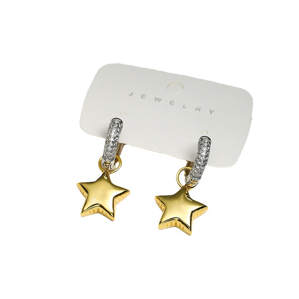 Orecchini da donna in zircone a forma di stella e luna asimmetrici minimalisti in rame con design geometrico