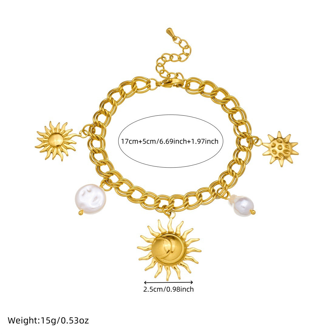Vintage Gold Plated Sun Star Geometric Acrylic Pearl Bracelet for Women