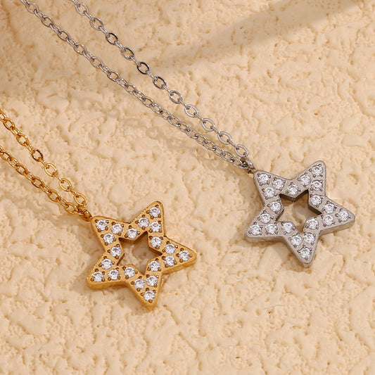 Fashionable Geometric Star Pendant Necklace in Stainless Steel with 18K Gold Plating and Cubic Zirconia Inlay for Women
