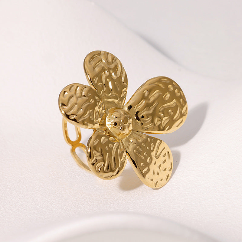 Minimalist Floral Stainless Steel Open Ring for Women with Plated Finish