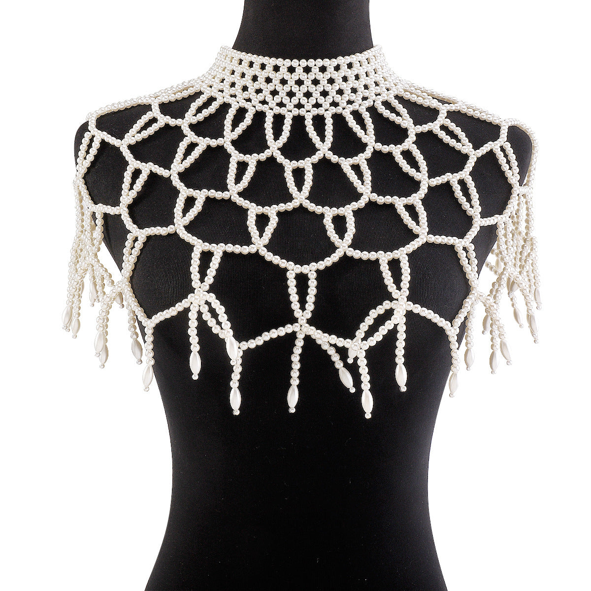 Cadena Corporal Vintage Elegante con Diseño Geométrico, Incrustaciones de Perlas de Imitación, Detalles Calados Hechos a Mano y Flecos para Mujer